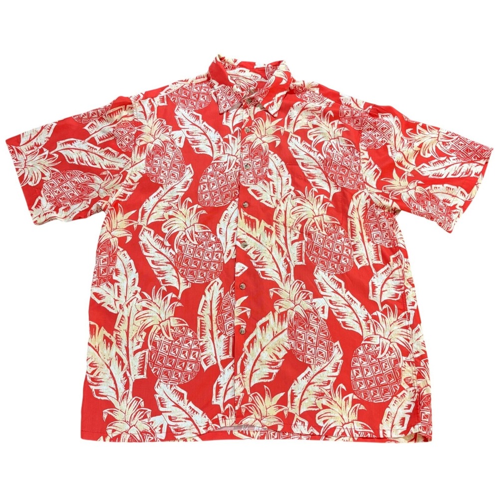 Bamboo Cay Mens Red Pineapple Tropical Print Modal Blend‎ Camp Shirt Large